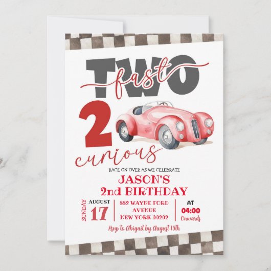 Red Racing Car Zwei Fast Zwei Neuartiger 2. Geburt Einladung (Vorderseite)