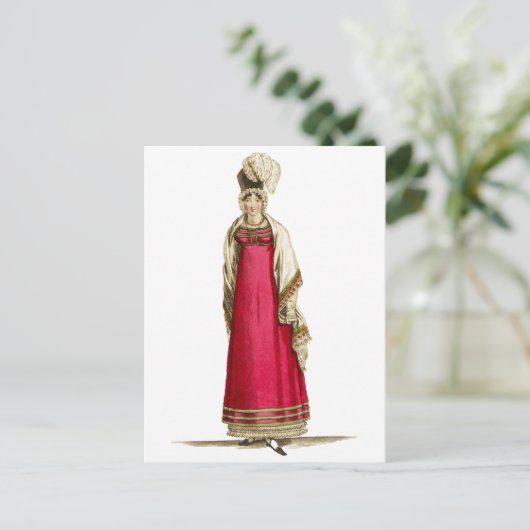 Red Regency Dress, Mode Zeichnend 1800er Postkarte (Stehend Vorderseite)