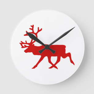 Red Reindeer / Caribou Silhouette Runde Wanduhr