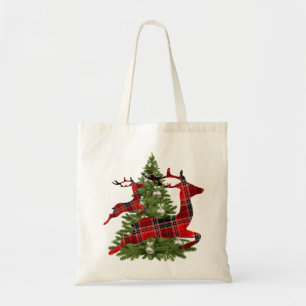 Red Reindeer Green Christmas Tree Holidays Tragetasche