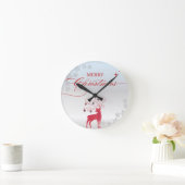 Red Reindeer Silver Snowflakes Weihnachten Runde Wanduhr (Zuhause)