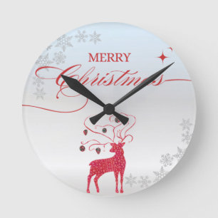 Red Reindeer Silver Snowflakes Weihnachten Runde Wanduhr