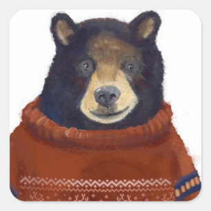 Red Reindeer Sweater Bear Quadratischer Aufkleber