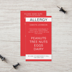 Red Restaurant Food Allergy Alert Card Telefonnummerkarte