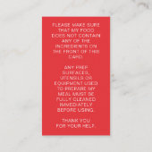 Red Restaurant Food Allergy Alert Kid's Telefonnummerkarte (Rückseite)