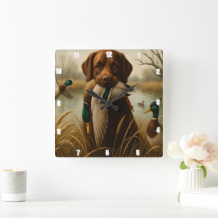 Red Retriever Duck Pond Jagd Quadratische Wanduhr