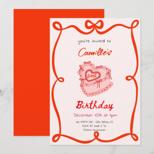 Red Retro Cake Birthday Einladung (Vorne/Hinten)