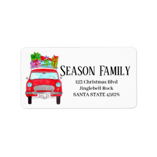 Red Retro Car mit Weihnachtsgeschenken Adressaufkleber