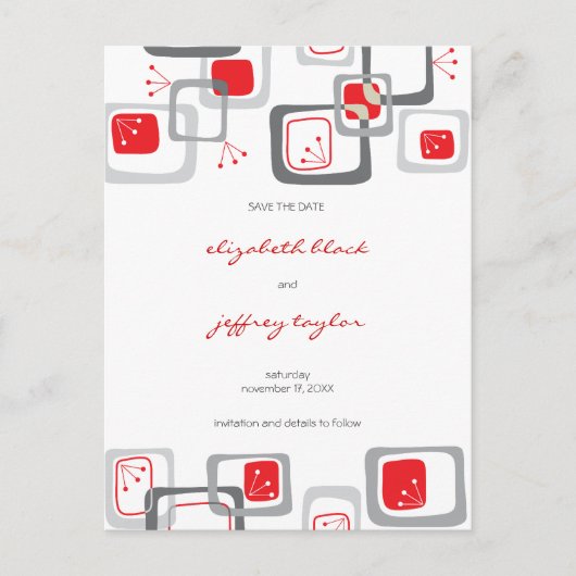 Red Retro Cherares Squares Mod Art Save the Date Ankündigungspostkarte (Vorderseite)