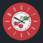 Red Retro Cherry Große Wanduhr<br><div class="desc">Diese Uhr im Retro-Stil hat rote Kirschen und eine rote Grenze.</div>