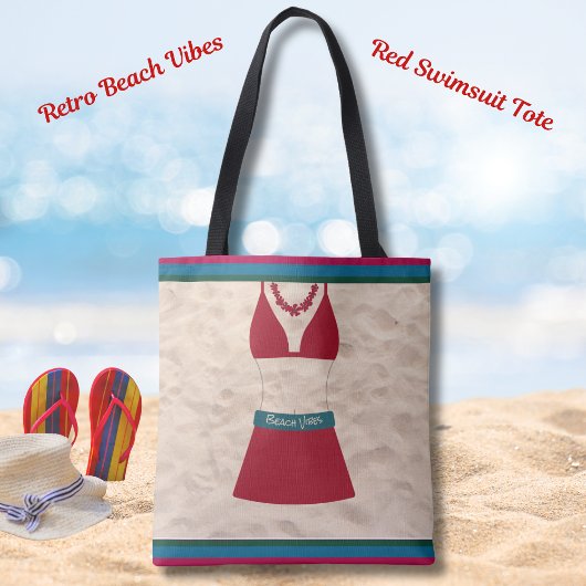 Red Retro Chic Swimsuit Beach Vibes Tote Tasche