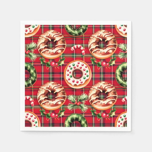 Red Retro Christmas Donuts Red Tartan Kariert Serviette (Vorderseite)