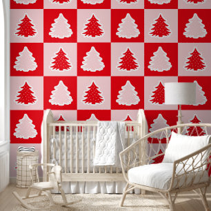 Red Retro Christmas Tree Red Tartan Kariert Tapete
