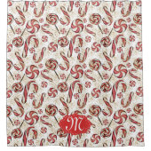 Red Retro Festive Candy Cane Muster Monogram Show Duschvorhang (Vorderseite)