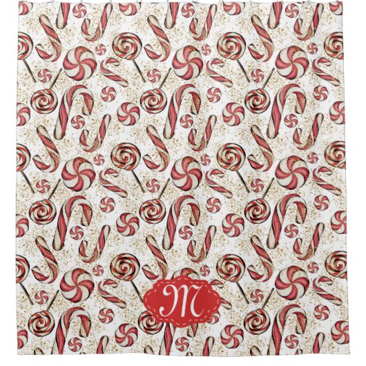 Red Retro Festive Candy Cane Muster Monogram Show Duschvorhang (Vorderseite)