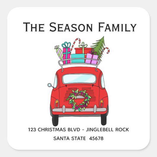 Red Retro Fiat 500 mit Weihnachtsgeschenken Quadratischer Aufkleber (Vorderseite)