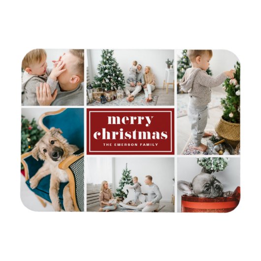 Red Retro Frohe Weihnachtsfoto Collage Magnet (Horizontal)