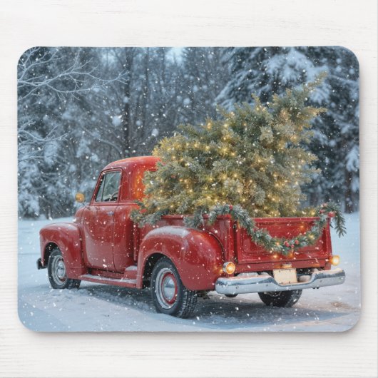 Red Retro LKW mit Weihnachtsbaum Mousepad (Vorne)