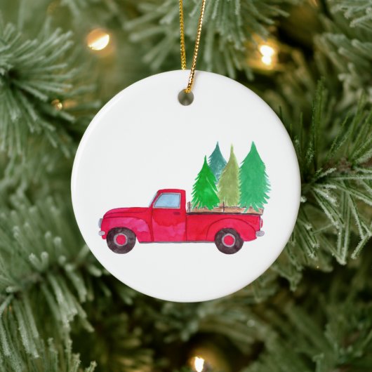 Red retro Pickup Truck with trees Keramik Ornament (Baum)