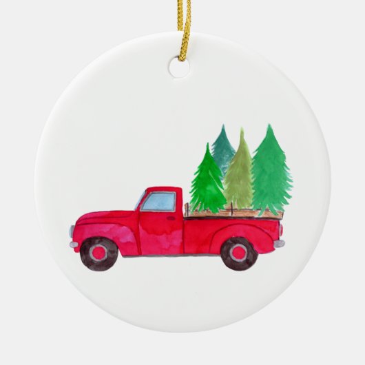 Red retro Pickup Truck with trees Keramik Ornament (Vorne)