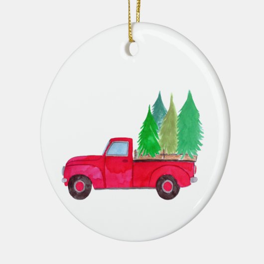 Red retro Pickup Truck with trees Keramik Ornament (Links)