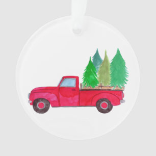 Red retro Pickup Truck with trees Ornament
