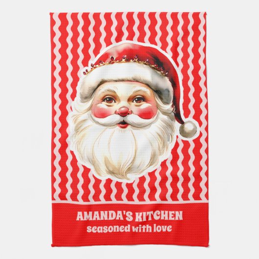 Red Retro Santa Claus Red Ric Rac Weihnachten Geschirrtuch (Vertikal)