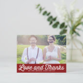 Red Retro Script Foto Hochzeit Vielen Dank Postkarte (Stehend Vorderseite)