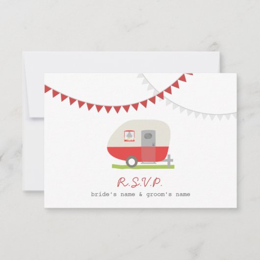 Red Retro Trailer & Bunting RSVP Karte (Vorderseite)