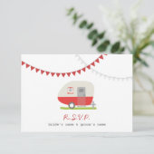Red Retro Trailer & Bunting RSVP Karte (Stehend Vorderseite)