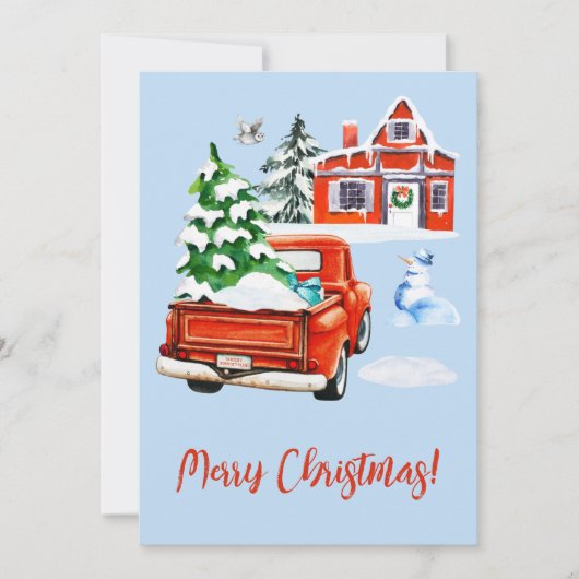 Red Retro Truck mit Weihnachten Baum Haus Snowman (Vorderseite)