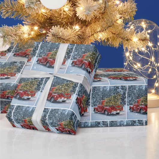 Red Retro Truck mit Weihnachtsbaum in Schneeflocke Geschenkpapier (Feiertage)