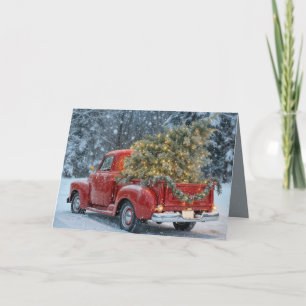 Red Retro Truck mit Weihnachtsbaum in Schneeflocke Karte