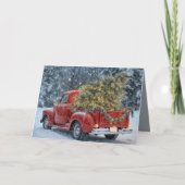 Red Retro Truck mit Weihnachtsbaum in Schneeflocke Karte (Vorderseite)