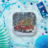 Red Retro Truck mit Weihnachtsbaum in Schneeflocke Pappteller (Party)