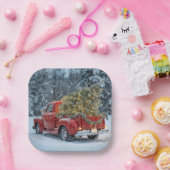 Red Retro Truck mit Weihnachtsbaum in Schneeflocke Pappteller (Party)