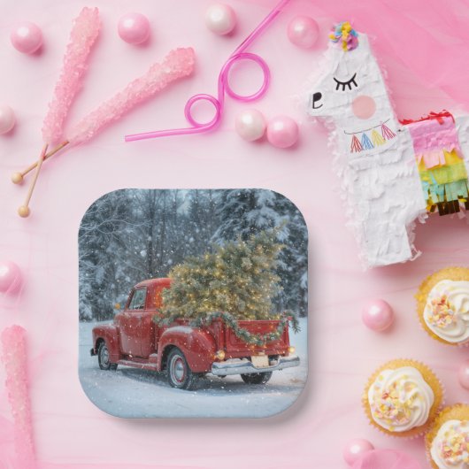 Red Retro Truck mit Weihnachtsbaum in Schneeflocke Pappteller (Party)