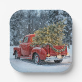 Red Retro Truck mit Weihnachtsbaum in Schneeflocke Pappteller (Vorderseite)