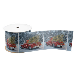 Red Retro Truck mit Weihnachtsbaum in Schneeflocke Satinband