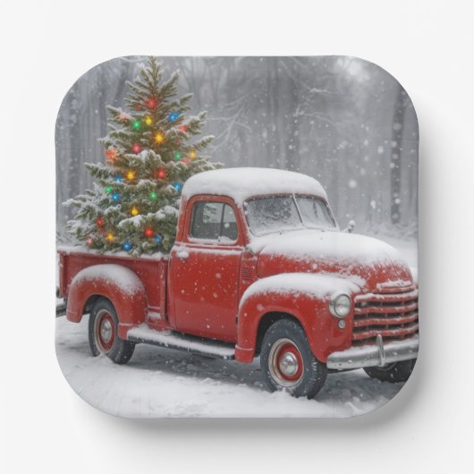 Red Retro Truck With Christmas Tree Pappteller (Vorderseite)