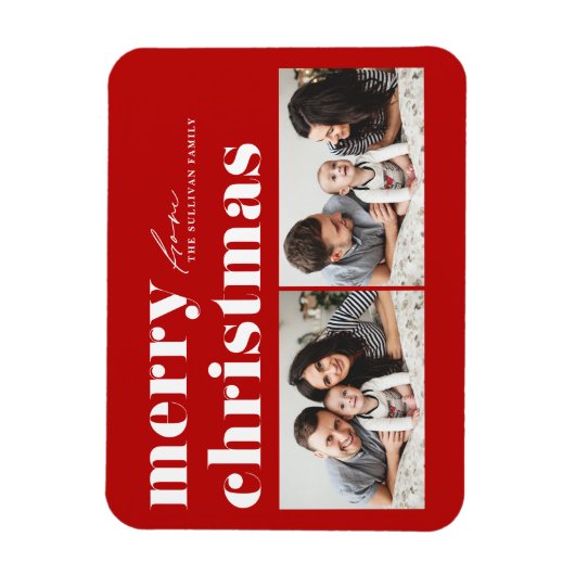 Red Retro Typografie Frohe Weihnachten Zwei Foto Magnet (Vertikal)