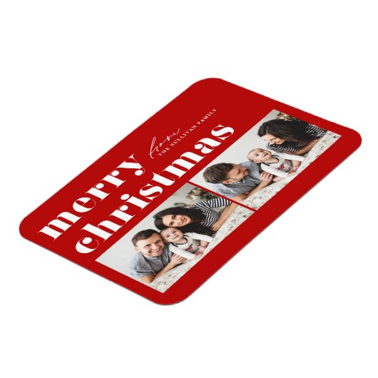 Red Retro Typografie Frohe Weihnachten Zwei Foto Magnet (Linke Seite)