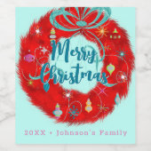 Red Retro Weihnachtskranz Weinetikett (Einzelnes Label)