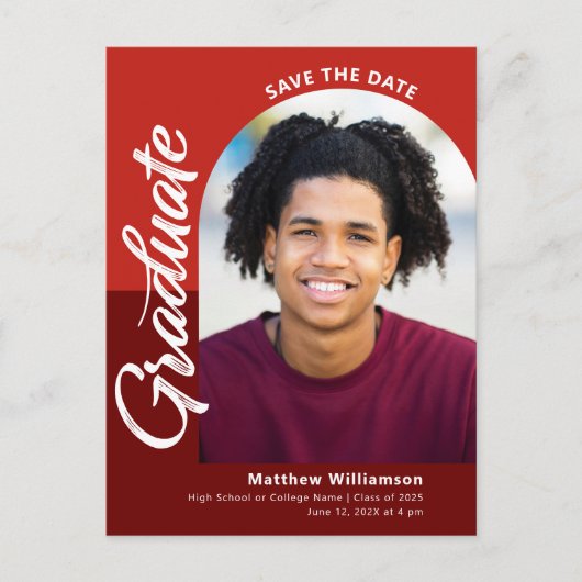 Red Rett Date Abschluss Foto Bold Arch Script Einladungspostkarte (Vorderseite)