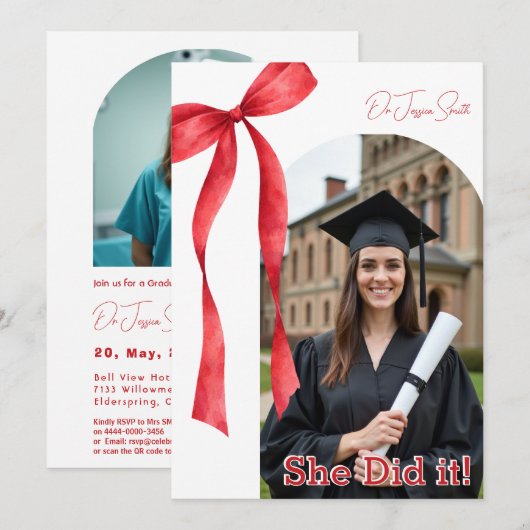 Red Ribbon Accent Graduation Einladung (Vorne/Hinten)