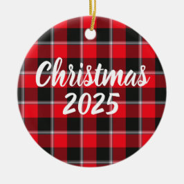 Red Ribbon and Heavy Metal Plaid Keramik Ornament