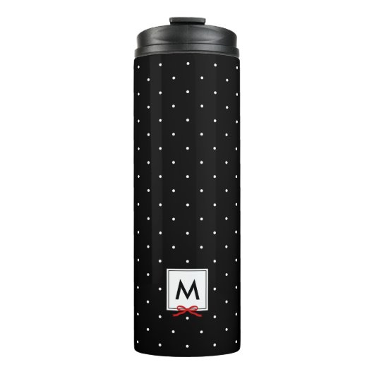 Red Ribbon Black Polka Dot Pattern Monogramm Thermosbecher (Vorderseite)