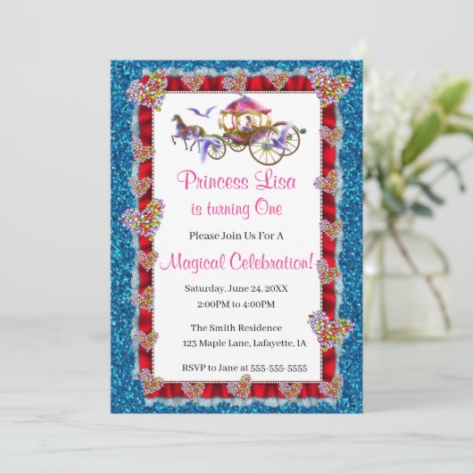 Red Ribbon Blue Glitzer Royal Princess Birthday Einladung (Stehend Vorderseite)