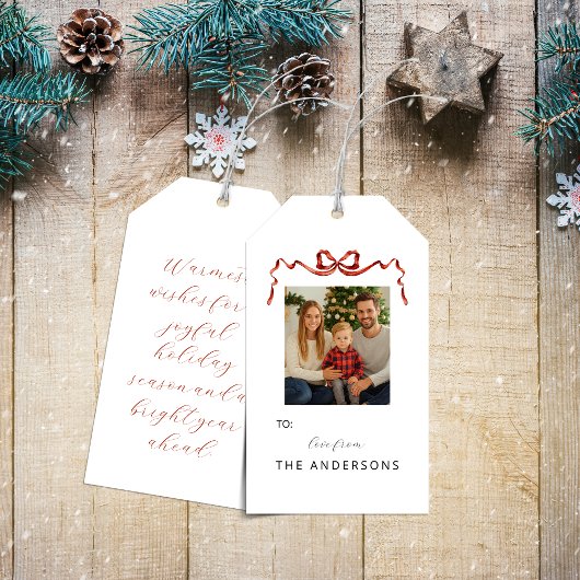 Red Ribbon Bow Christmas Photo Gift Tag Geschenkanhänger