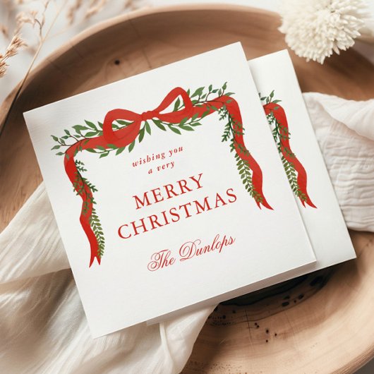 Red Ribbon Bow Greenery Weihnachtsfest Party Serviette